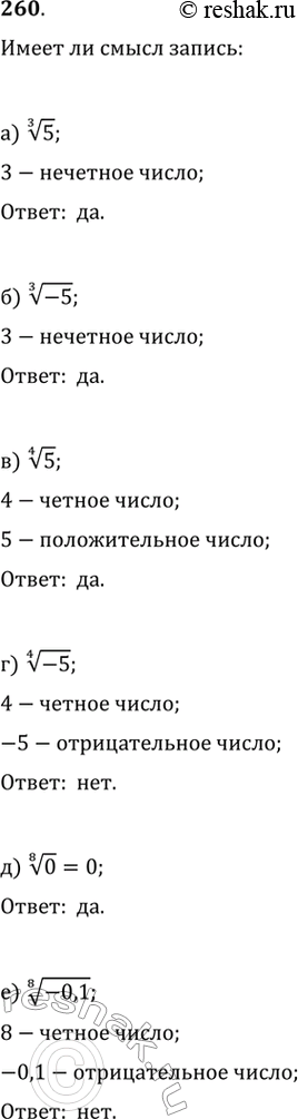 Изображение 260. Имеет ли смысл запись:a) корень третьей степени из пяти;б) корень третьей степени из минус пяти;в) корень четвертой степени из пяти;г) корень четвертой...
