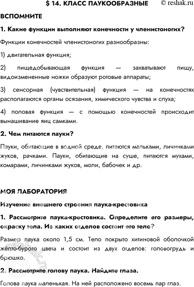Изображение §14. КЛАСС ПАУКООБРАЗНЫЕВСПОМНИТЕ1. Какие функции выполняют конечности у членистоногих?Функции конечностей членистоногих разнообразны:1) двигательная...