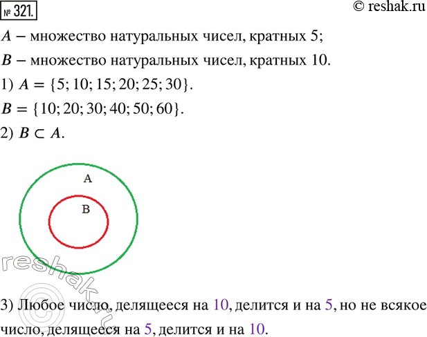 Изображение 321. Пусть А — множество натуральных чисел, кратных 5, и В — множество натуральных чисел, кратных 10.1) Запишите какие-нибудь шесть чисел, принадлежащих множеству А, и...